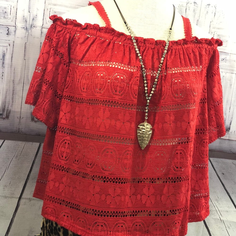 Tomato Red Lace off Shoulder Top